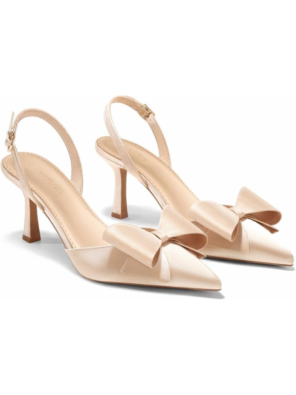 Women's Gold Kitten Heels Bow Slingback Satin Slip On Closed Pointed Toe Pumps